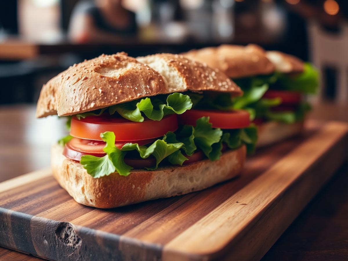 Fresh sandwich with lettuce and tomato on rustic bread